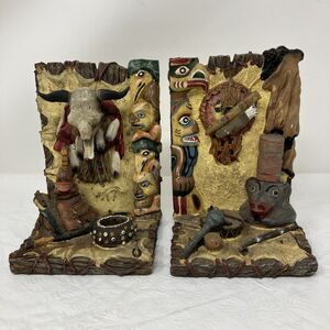 Tribal Native Bookends American Southwestern Heavy Resin Totem Skull Satis